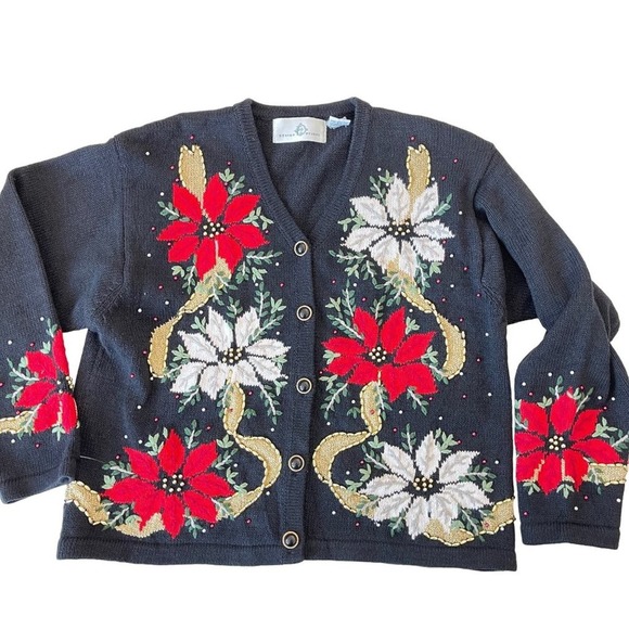 Design Options Cardigan Holiday Poinsettia Floral Black Beaded Size Large VTG - Picture 7 of 12